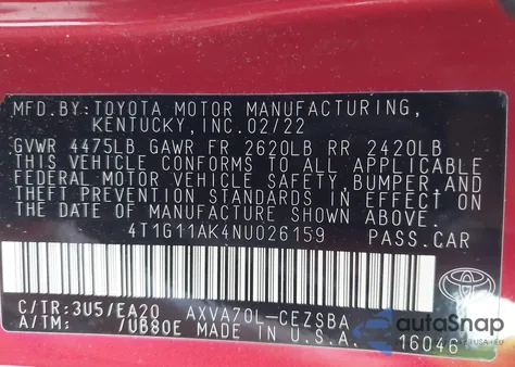 2022 Toyota Camry Se from USA, damaged, VIN 4T1G11AK4NU026159